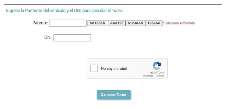 Pantalla para cancelar el turno de la VTV en Llavallol con patente y DNI