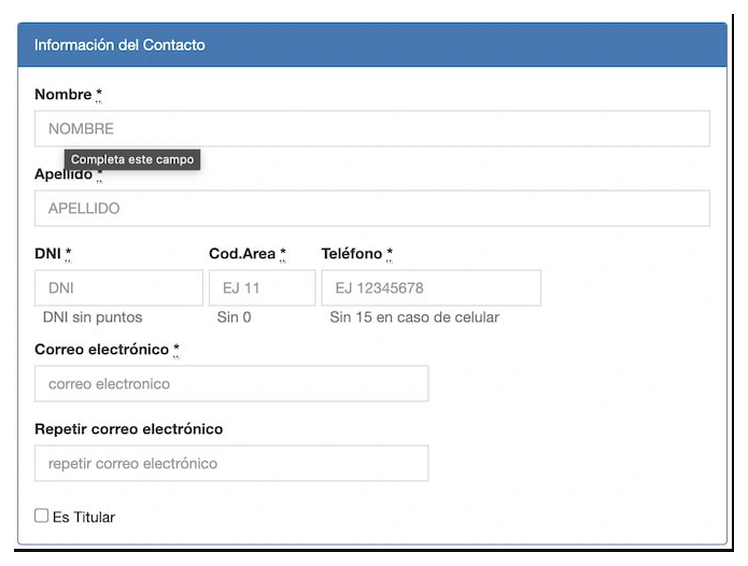 Paso 2 para sacar turno de la VTV en Llavallol: información del contacto
